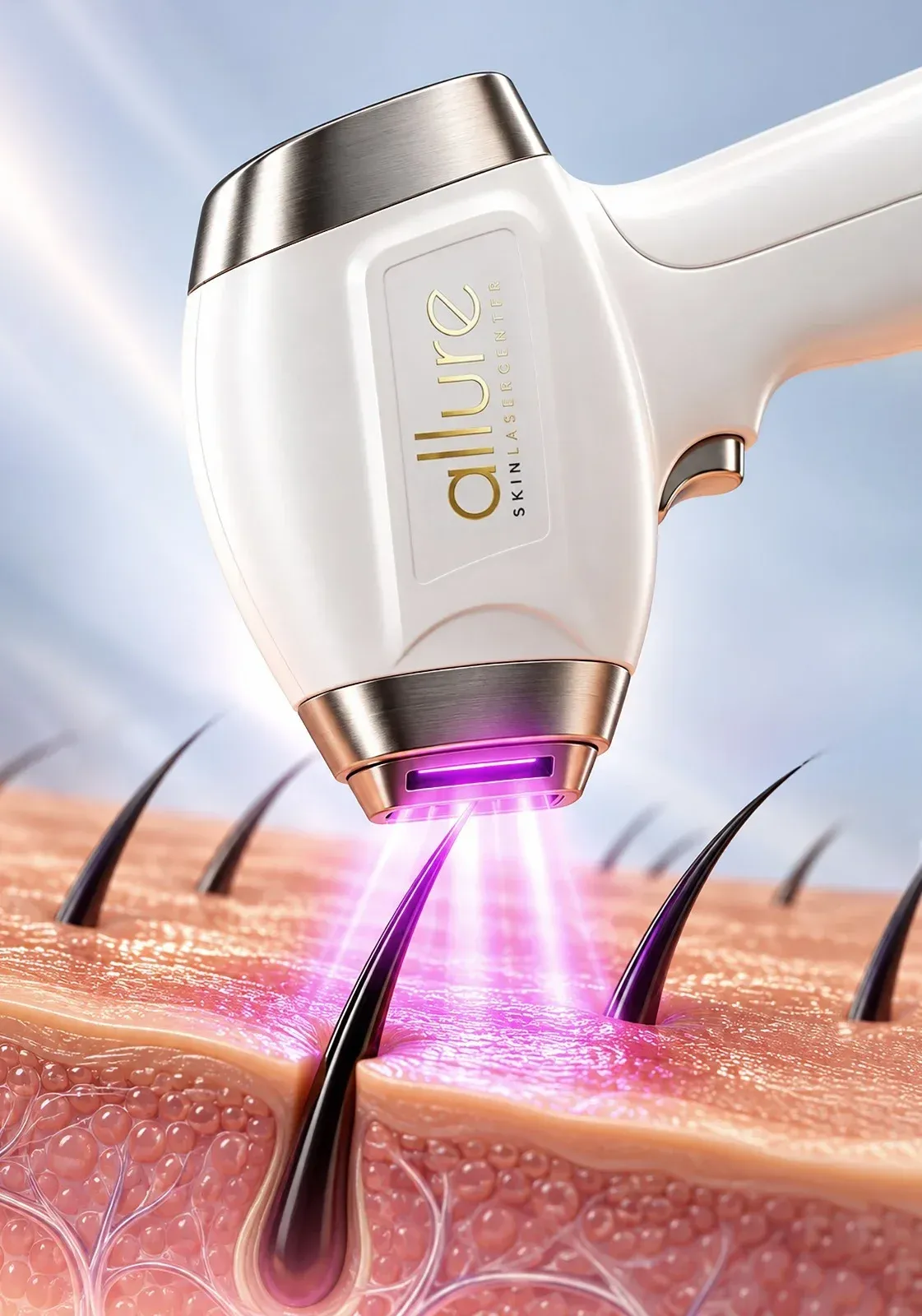 Ilustración de la pieza de mano del láser de diodo de Allure Skin emitiendo luz sobre la piel y el folículo del vello