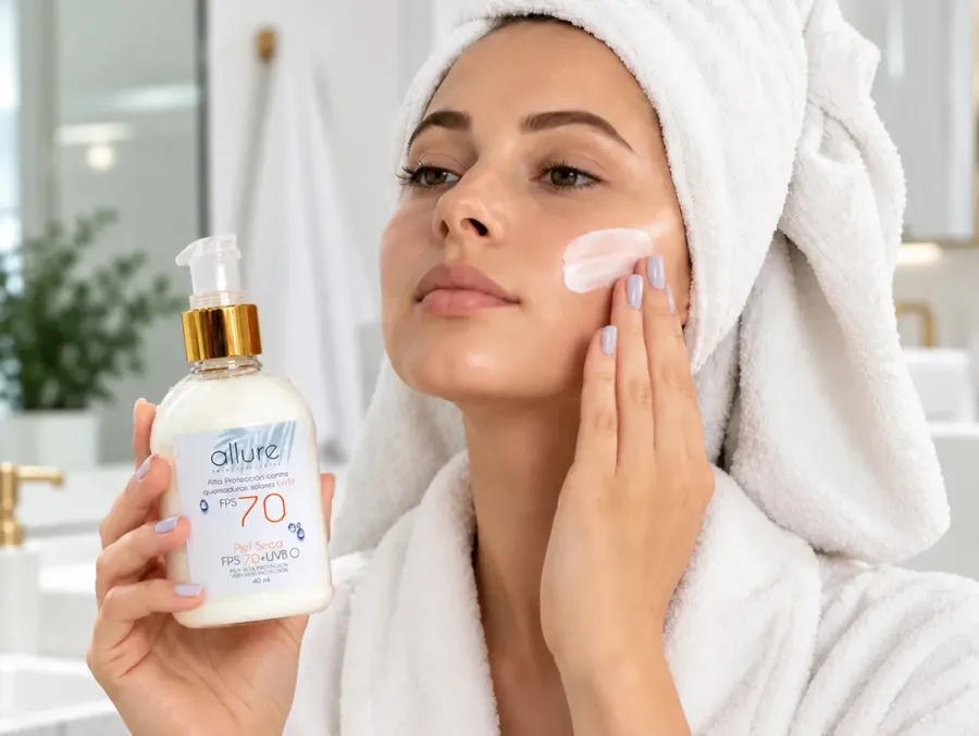 Mujer con una toalla en el cabello se aplica bloqueador solar en la mejilla mientras sostiene el frasco FPS 70 para piel seca de Allure Skin