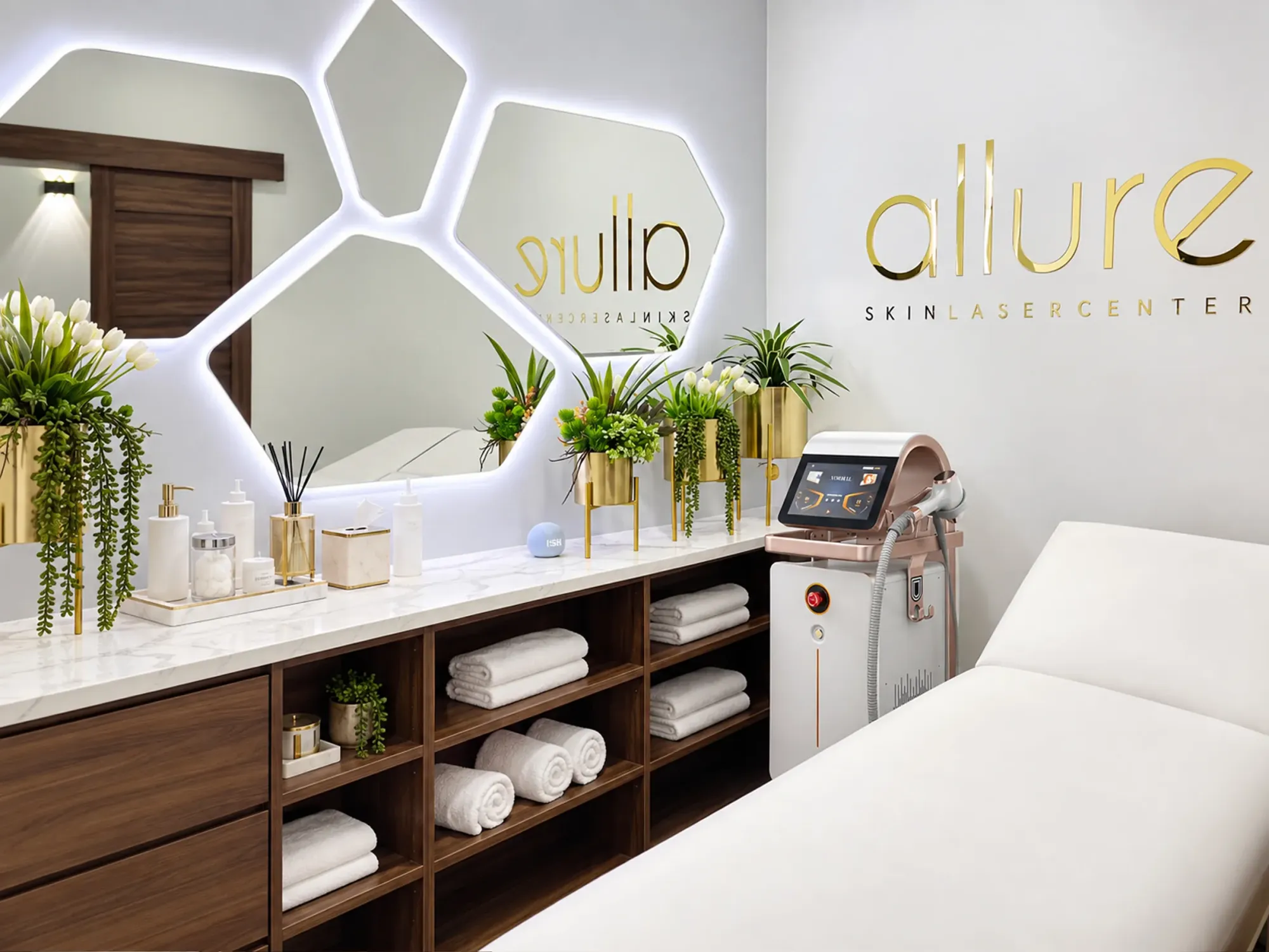 Cabina de depilación láser de Allure Skin con el equipo de diodo, repisas con toallas y el logo dorado