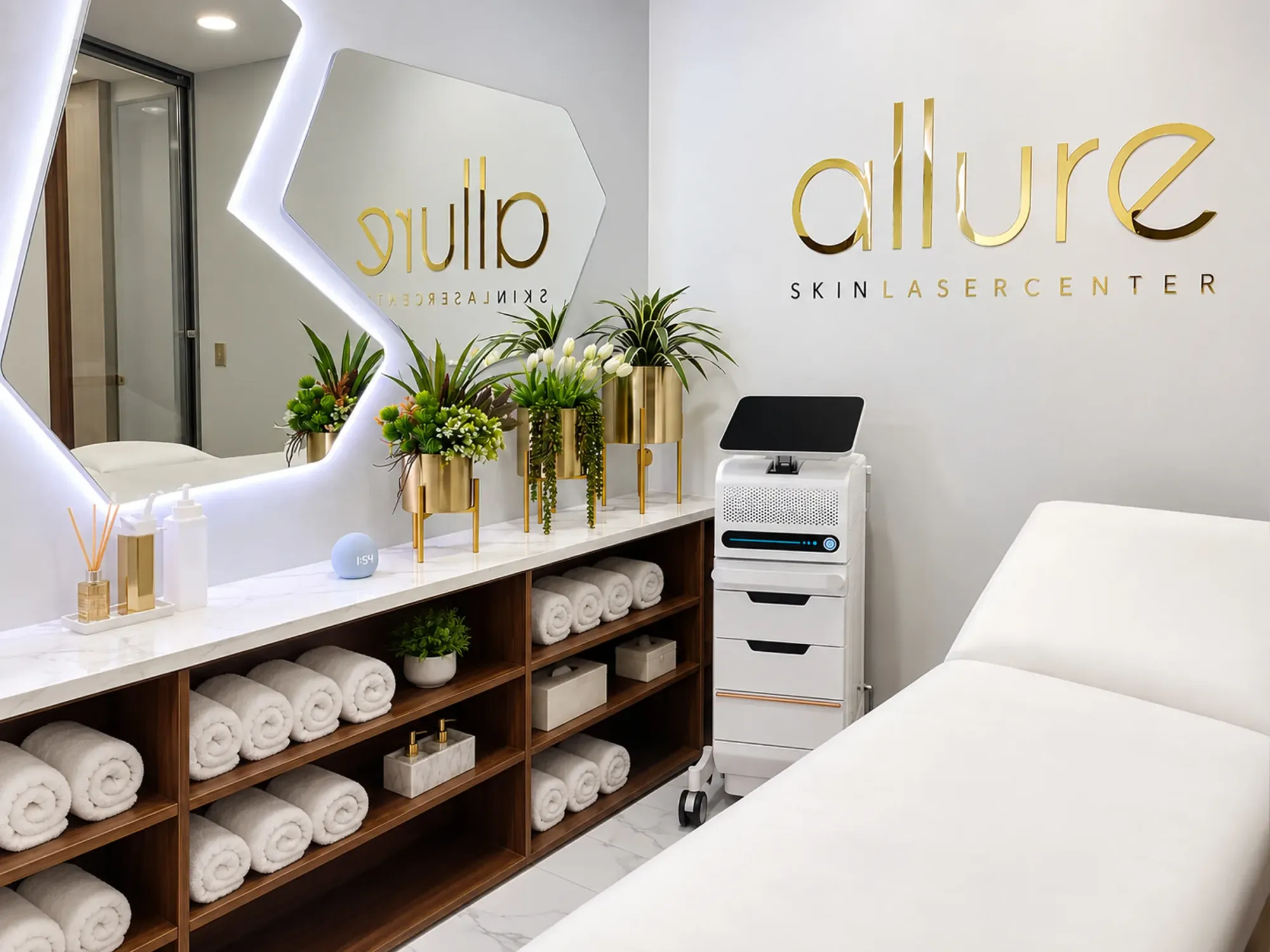 Cabina de Allure Skin con el equipo de tratamiento, repisa de toallas y el logo dorado