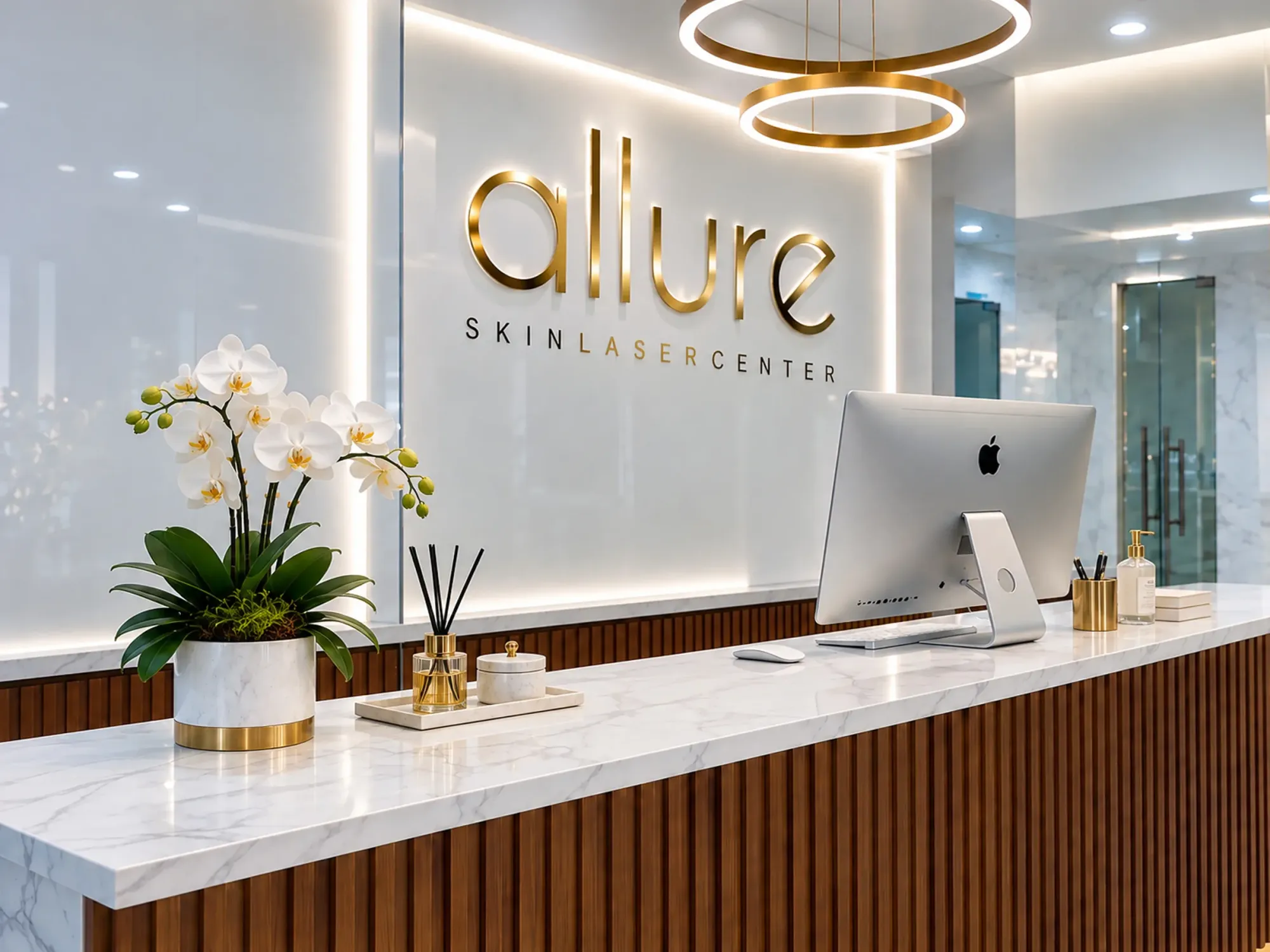 Mostrador de recepción de Allure Skin con una orquídea, difusor aromático, computadora y el logo dorado iluminado