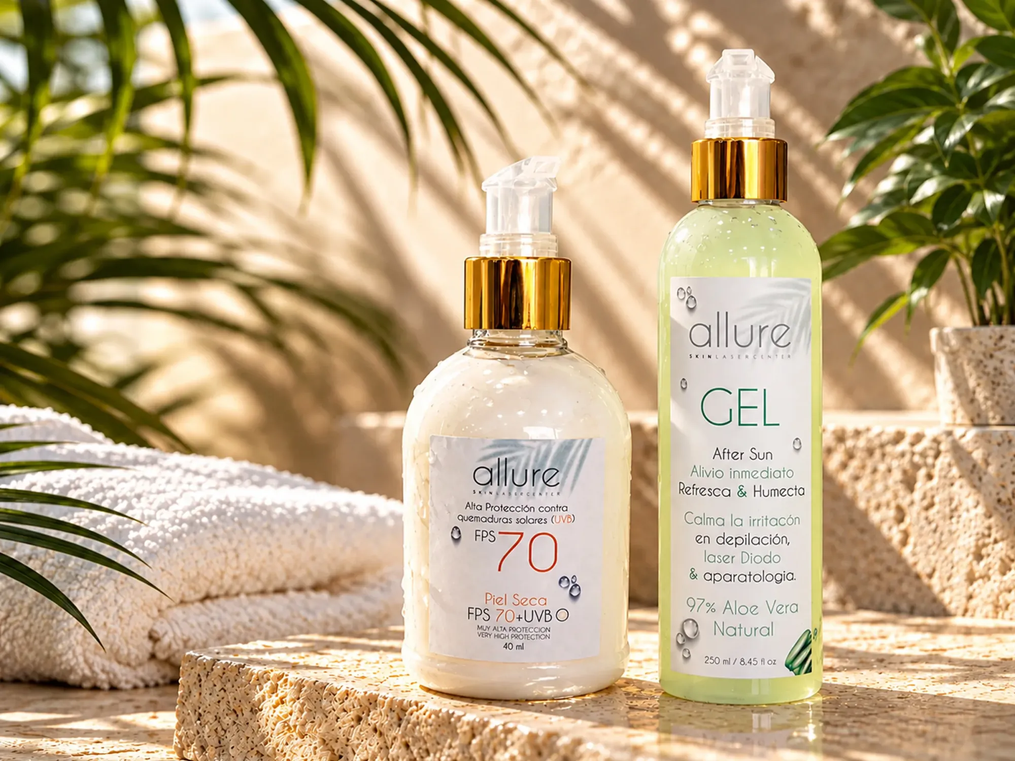 Bloqueador solar FPS 70 y Gel de Aloe Vera de Allure Skin sobre una piedra junto a una toalla y hojas de palma
