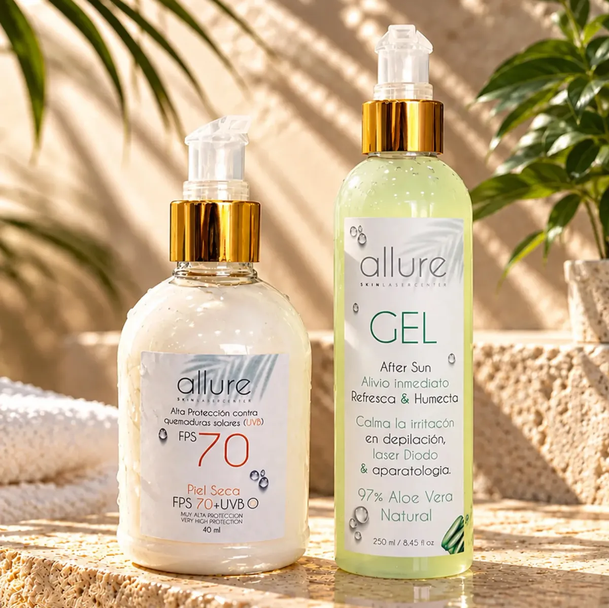 Bloqueador solar FPS 70 y Gel de Aloe Vera de Allure Skin sobre una piedra junto a una toalla y hojas de palma