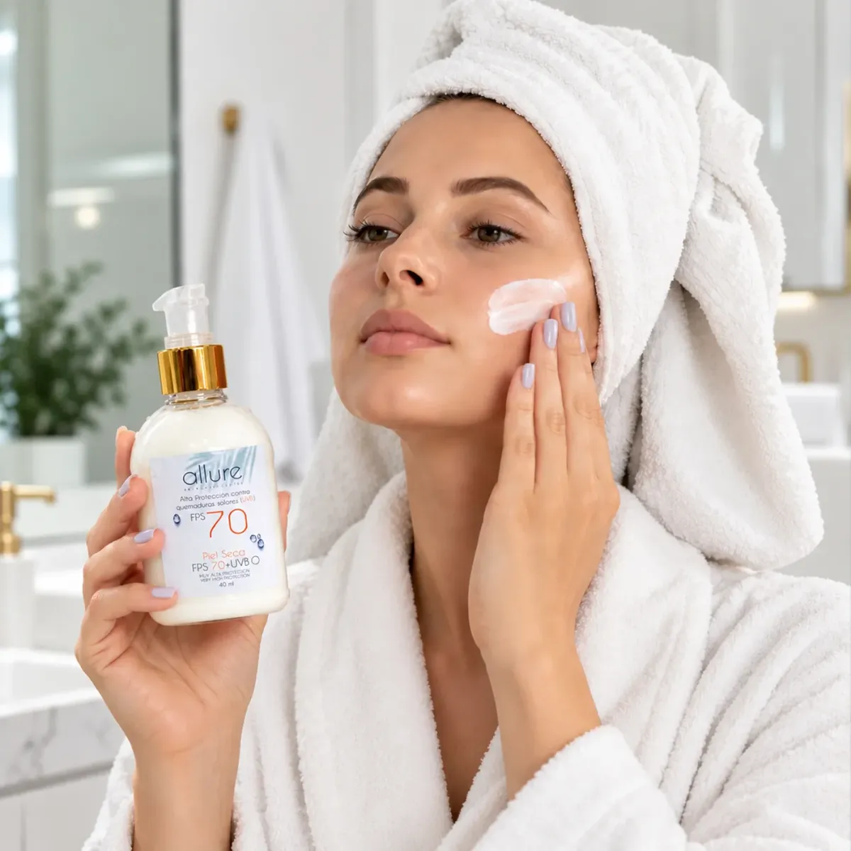 Mujer aplicándose el bloqueador solar FPS 70 de Allure Skin en la mejilla